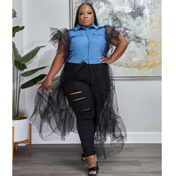 Plus Size Denim Mesh Patchwork Long Dress NNWF-7550