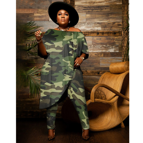 Plus Size Printed Irregular Top And Pants 2 Piece Sets NNWF-7349-1
