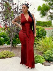 Solid V Neck Sleeveless Maxi Evening Dress OMY-81050