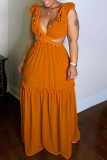 Solid Ruffled V Neck Sleeveless Hollow Maxi Dress BN-93351