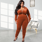 Plus Size Velvet Hooded Zipper Two Piece Pants Sets OSIF-22472