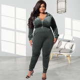 Plus Size Velvet Hooded Zipper Two Piece Pants Sets OSIF-22472