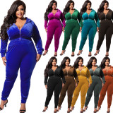 Plus Size Velvet Hooded Zipper Two Piece Pants Sets OSIF-22472
