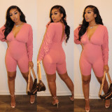 Solid V Neck Backless Ruched Sleeve Tight Romper BN-B835