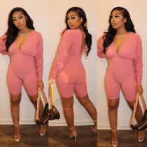 Solid V Neck Backless Ruched Sleeve Tight Romper BN-B835
