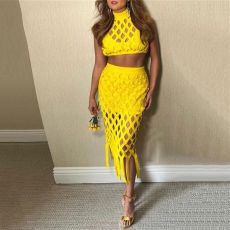 Plus Size Hollow Out Sleeveless Top+Tassel Skirt 2 Piece Sets NY-9037