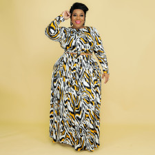Plus Size Leopard Print Long Sleeve Maxi Skirt 2 Piece Sets OSIF-22458