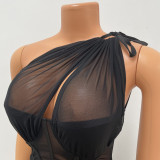 Sexy Mesh Sheer Slanted Shoulder Dress GOSD-OS6674