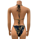 Sexy Print Bikini And Mesh See-Through Hollow Dress 3 Piece Set GOSD-OS6268