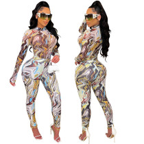 Sexy Print Long Sleeve Bodysuits And Pants Two Piece Sets GOSD-OS6347