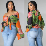 Fashion Print Long Sleeve Flared Sleeve Crop Top GOSD-OS6704