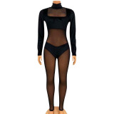 Fashion Sexy Mesh Velvet Splice Solid Jumpsuit GOSD-OS6269