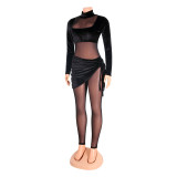 Fashion Sexy Mesh Velvet Splice Solid Jumpsuit GOSD-OS6269