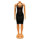 Sexy Solid Color Halter Hole Dress GOSD-OS6579