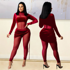 Fashion Sexy Mesh Velvet Splice Solid Jumpsuit GOSD-OS6269