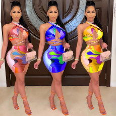 Sexy Print Backless Top And Skirt Two Piece Set GOSD-OS6009