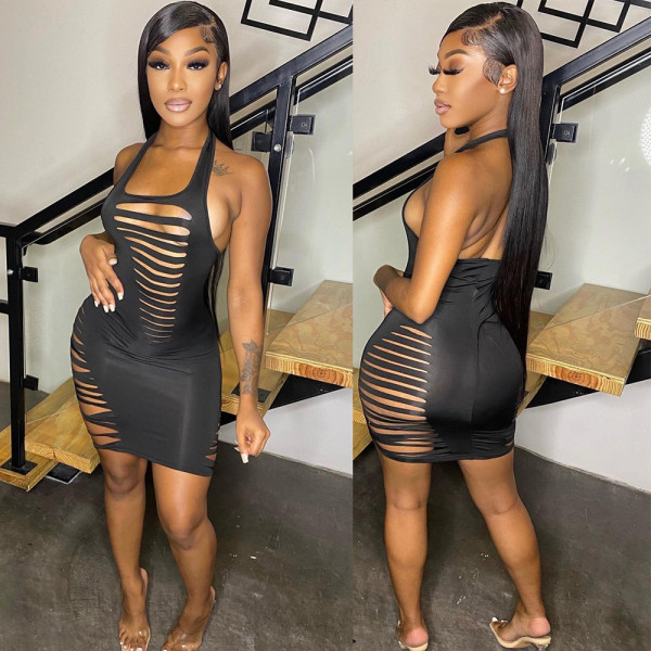 Sexy Solid Color Halter Hole Dress GOSD-OS6579