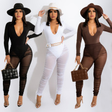 Sexy V-Neck Long Sleeve Bodysuits Mesh Pants 2 Piece Set GOSD-OS6352