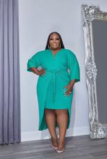 Plus Size V Neck 3/4 Sleeve Irregular Midi Dress XMY-9382