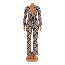 Long Sleeve Plaid Print Jumpsuit GOSD-OS6405