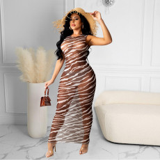 Fashion Sexy Print Mesh See-Through Sleeveless Maxi Dress GOSD-OS6169