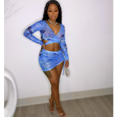 Sexy Mesh Print Long Sleeve Smocked Mini Skirt 2 Piece Set GOSD-OS6116