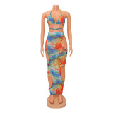 Sexy Mesh Print Lace Up Top Hollow Skirt Two Piece Set GOSD-OS6710