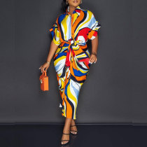 Colorful Printed Short Sleeve Midi Shirt Dress NY-10238