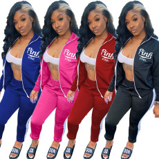 Pink Letter Print Zipper Sports 2 Piece Pants Sets XYF-9181