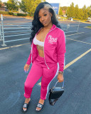 Pink Letter Print Zipper Sports 2 Piece Pants Sets XYF-9181