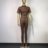 PU Leather Short Sleeve Two Piece Pants Set GWDS-211052
