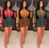 Long Sleeve Zip Colorblock Dress GWDS-220382