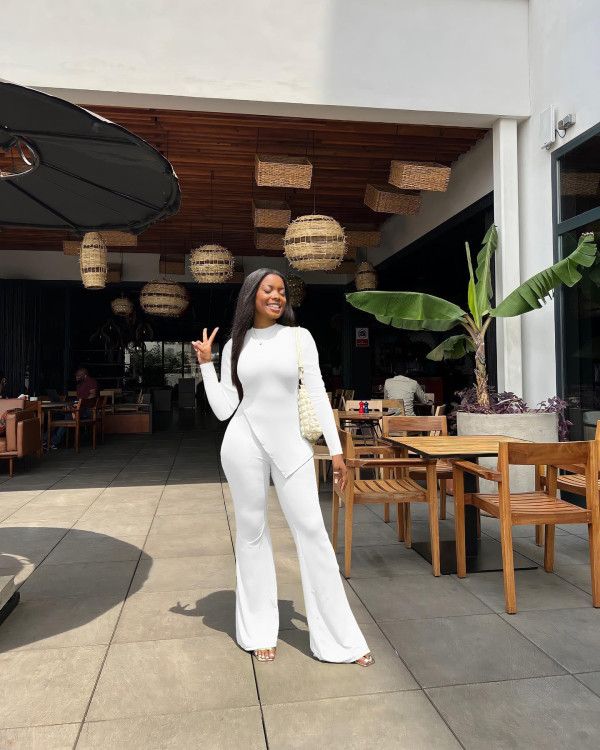 Solid Split Long Sleeve Top Flared Pants 2 Piece Sets FSL-F199