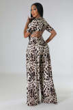 Leopard Print Short Sleeve Wide Leg Pants 2 Piece Sets XMY-9388
