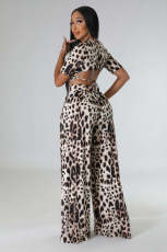 Leopard Print Short Sleeve Wide Leg Pants 2 Piece Sets XMY-9388