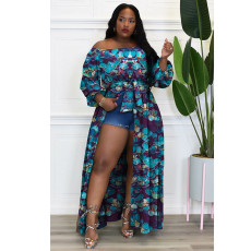 Plus Size Printed Long Sleeve High Split Sashes Maxi Dress NNWF-7643