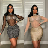 Sexy Mesh Hot Drilling Long Sleeve Night Club Dress GOSD-6699