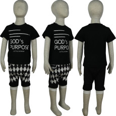 Kids Letter Print Short Sleeve Plaid Shorts Two Piece Set GYMF-YM009