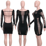 Solid Sexy Ripped Backless Long Sleeve Mini Dress SH-390399