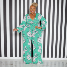 Plus Size Fashion Print V-Neck Jumpsuit With Belt OSIF-22528
