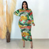 Plus Size Printed Long Sleeve Slim Midi Dress NNWF-7684