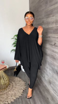 Plus Size Solid V Neck Loose Top And Pants 2 Piece Sets MK-3130