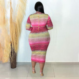 Plus Size Printed Long Sleeve Slim Midi Dress NNWF-7684