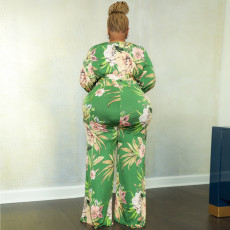Plus Size Floral Print V Neck Belted Jumpsuit OSIF-22533