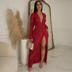 Solid Long Sleeve V Neck Split Maxi Dress OSM-4377