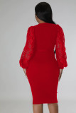 Sexy Lace Patchwork Lantern Sleeve Sashes Midi Dress XMY-9390