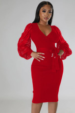 Sexy Lace Patchwork Lantern Sleeve Sashes Midi Dress XMY-9390
