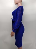 Sexy Lace Patchwork Lantern Sleeve Sashes Midi Dress XMY-9390