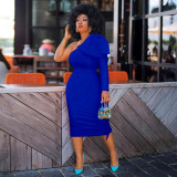 Plus Size Solid One Shoulder Slim Midi Dress NY-10271