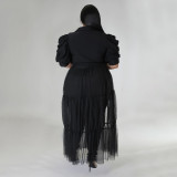 Plus Size Solid Shirts Mesh Splice Perspective Maxi Dress NNWF-7681